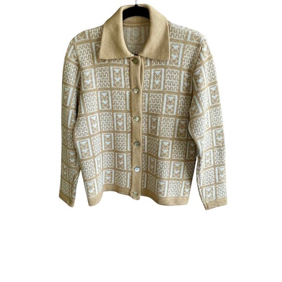 Vintage 100% Wool Tan and Cream Geometric Print Collared Boxy Cardigan Sweater - Picture 1 of 10